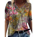 Summer flower printed short sleeved V-neck T-shirt for women
