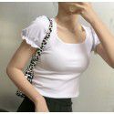 Wood ear edge bubble sleeve square collar exposed collarbone short sleeved T-shirt for women