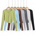 Summer Euro American Style Round Neck Half Open Button Curved Edge Slim Fit Short Top Round Neck Slim Fit Women's T-Shirt 
