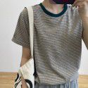Stripe color matching short sleeved t-shirt for trendy women, pure cotton bottom shirt, summer loose design, and sense of top