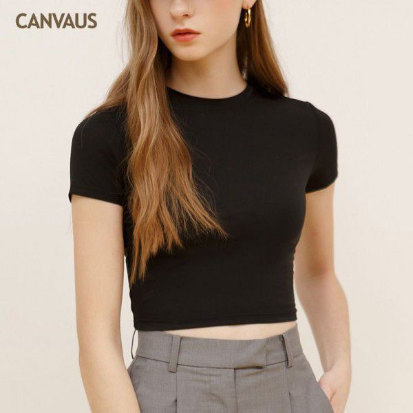 Women's new short style with navel exposed, short sleeved modal slim summer round neck T-shirt for women