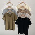V-neck brushed T-shirt for women Spring New Style Korean Morandi Solid Versatile Short Sleeve T-shirt for women 