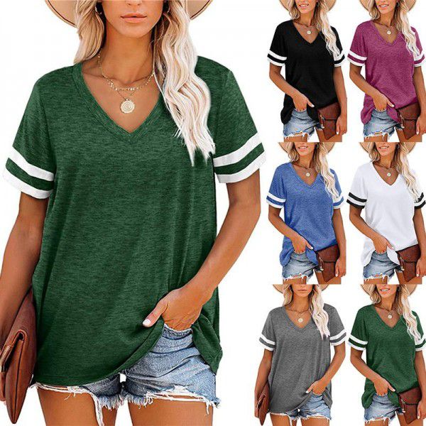 Summer New V-Neck Short Sleeve Contrast T-shirt Loose Casual Top 