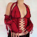 Spring/Summer New Reversed Side Chest Lace Up Neck Strap Independent Long Sleeve T-shirt Female