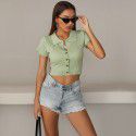 Summer Hot Sale Solid Color Polo Short T-shirt Women's European and American Slim Fit Knitted Short Sleeve Top 