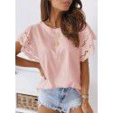 Summer New Solid Round Neck Panel Lace Flying Sleeve Short Sleeve T-shirt Top Women 