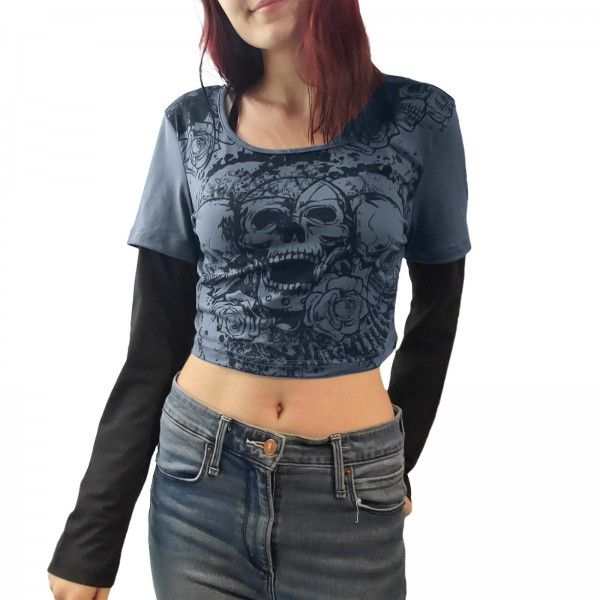 Women's tight fitting long sleeved T-shirt fake street hip-hop sports casual bottom shirt