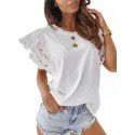 Summer New Solid Round Neck Panel Lace Flying Sleeve Short Sleeve T-shirt Top Women 