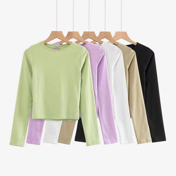 T-shirt Sexy Water Drops Large Open Back Fashion Women's Autumn and Winter Solid Round Neck Short Fit Top 