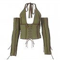 Spring/Summer New Reversed Side Chest Lace Up Neck Strap Independent Long Sleeve T-shirt Female