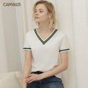 Summer New Cotton V-Neck Ribbon Loose European and American Temperament Short Sleeve T-shirt Women's Top 