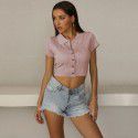 Summer Hot Sale Solid Color Polo Short T-shirt Women's European and American Slim Fit Knitted Short Sleeve Top 