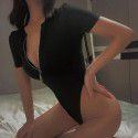 Spring/Summer New Women's Short Sleeve T-shirt Sexy Hollow Open Waist Zipper Neckline Slim Fit One Piece Top