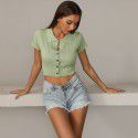Summer Hot Sale Solid Color Polo Short T-shirt Women's European and American Slim Fit Knitted Short Sleeve Top 