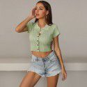 Summer Hot Sale Solid Color Polo Short T-shirt Women's European and American Slim Fit Knitted Short Sleeve Top 