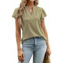 Spring/Summer Loose Solid V-Neck Ruffle Sleeve Jacquard T-shirt Women's Top