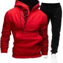 New Men's Hooded Oblique Zipper Print Cover Two Piece Sweater Pants Outer Set 