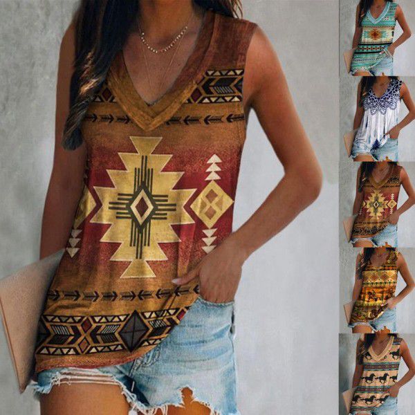 Summer New Vintage Ethnic Style European and American Women's Casual Sleeveless T-shirt 