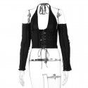 Spring/Summer New Reversed Side Chest Lace Up Neck Strap Independent Long Sleeve T-shirt Female