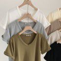 V-neck brushed T-shirt for women Spring New Style Korean Morandi Solid Versatile Short Sleeve T-shirt for women 