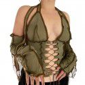 Spring/Summer New Reversed Side Chest Lace Up Neck Strap Independent Long Sleeve T-shirt Female