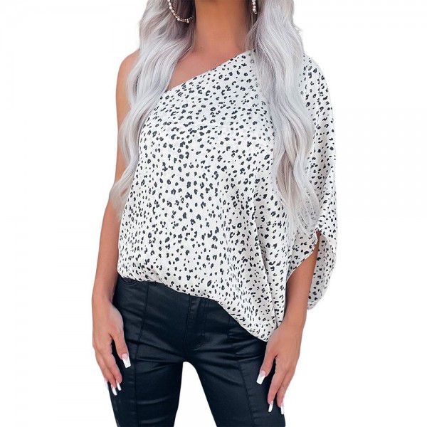 White Leopard Asymmetric One Shoulder Chiffon Top for Women Amazon Cross border Fashion Versatile Top
