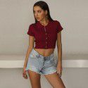 Summer Hot Sale Solid Color Polo Short T-shirt Women's European and American Slim Fit Knitted Short Sleeve Top 