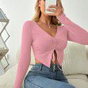 V-neck long sleeved drawstring slim fitting exposed navel top breathable pleated solid color simple sweet T-shirt Women's casual spring and autumn top 