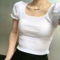 Wood ear edge bubble sleeve square collar exposed collarbone short sleeved T-shirt for women
