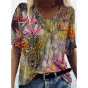 Summer flower printed short sleeved V-neck T-shirt for women