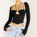 Summer Sexy Mesh Square Neck Hollow Out Perspective Umbilical T-shirt Top Female