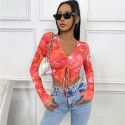 V-neck long sleeved drawstring slim fitting exposed navel top breathable pleated solid color simple sweet T-shirt Women's casual spring and autumn top 