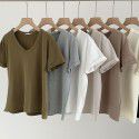 V-neck brushed T-shirt for women Spring New Style Korean Morandi Solid Versatile Short Sleeve T-shirt for women 