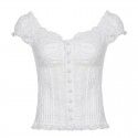Pure Sexy Lace Panel Pleated Slim Fit Button V-neck Short Sleeve T-shirt Top Women's Spring New Trend