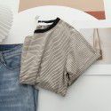 Stripe color matching short sleeved t-shirt for trendy women, pure cotton bottom shirt, summer loose design, and sense of top