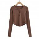 Summer Euro American Style Round Neck Half Open Button Curved Edge Slim Fit Short Top Round Neck Slim Fit Women's T-Shirt 