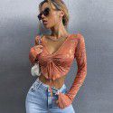 V-neck long sleeved drawstring slim fitting exposed navel top breathable pleated solid color simple sweet T-shirt Women's casual spring and autumn top 