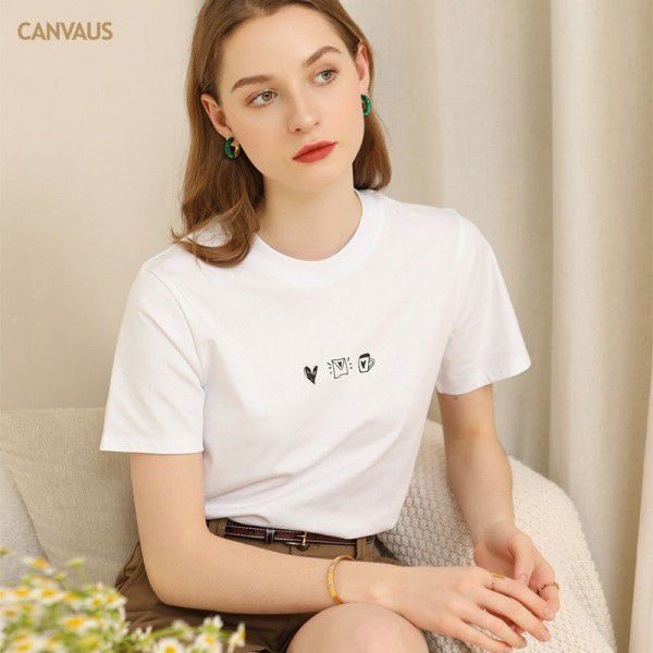Summer new print short-sleeved t-shirt women's thin round neck cotton white cartoon top 