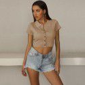 Summer Hot Sale Solid Color Polo Short T-shirt Women's European and American Slim Fit Knitted Short Sleeve Top 
