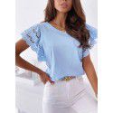 Summer New Solid Round Neck Panel Lace Flying Sleeve Short Sleeve T-shirt Top Women 