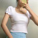 Wood ear edge bubble sleeve square collar exposed collarbone short sleeved T-shirt for women