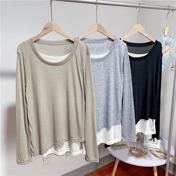 Thin Tencel facial mask Long Sleeve Round Neck T-shirt Women's Spring Loose Medium length Undercoat Top