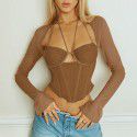Summer Sexy Mesh Square Neck Hollow Out Perspective Umbilical T-shirt Top Female