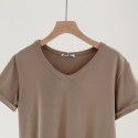 V-neck brushed T-shirt for women Spring New Style Korean Morandi Solid Versatile Short Sleeve T-shirt for women 