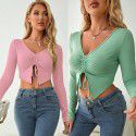 V-neck long sleeved drawstring slim fitting exposed navel top breathable pleated solid color simple sweet T-shirt Women's casual spring and autumn top 