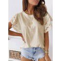 Summer New Solid Round Neck Panel Lace Flying Sleeve Short Sleeve T-shirt Top Women 