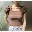 Wood ear edge bubble sleeve square collar exposed collarbone short sleeved T-shirt for women