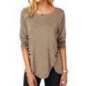 Spring/Summer Hot Style Irregular Button Hem Long Sleeve Crew Neck T-shirt 