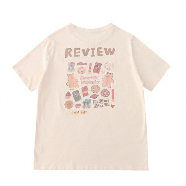 Antique back cartoon illustration printed round neck pullover short sleeve T-shirt female 