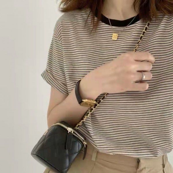 Stripe color matching short sleeved t-shirt for trendy women, pure cotton bottom shirt, summer loose design, and sense of top